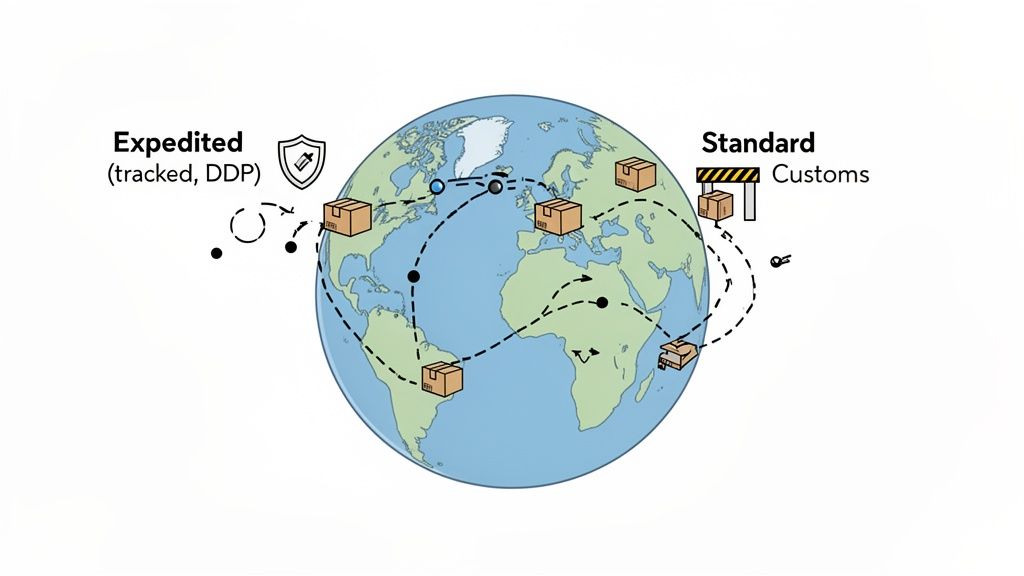 Illustration comparing global expedited (tracked, DDP) and standard (with customs) shipping routes for packages.