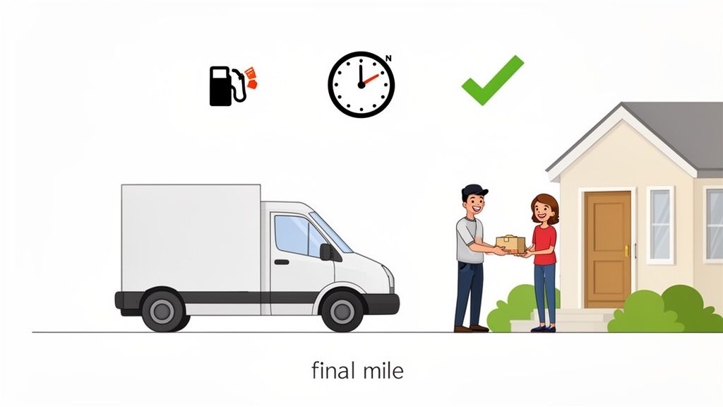 Illustration showing delivery truck, fuel and time costs, successful final mile package delivery to a home.