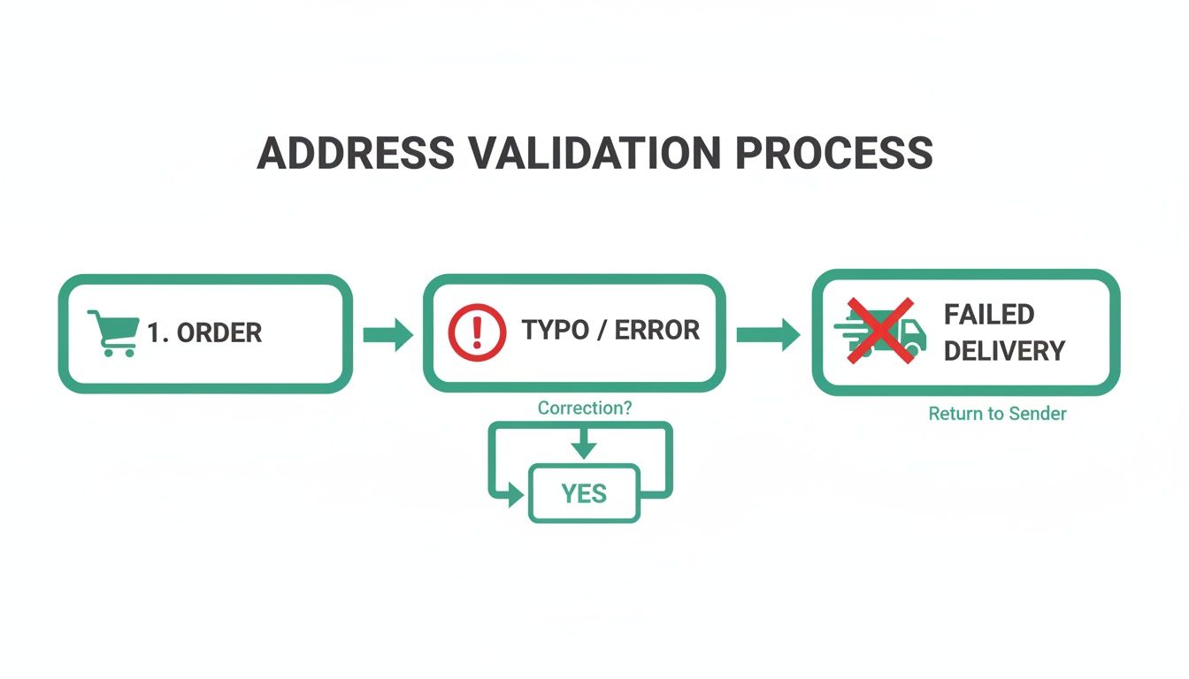 Flowchart illustrating the address validation process, showing order, typo/error detection, correction option, and failed delivery.