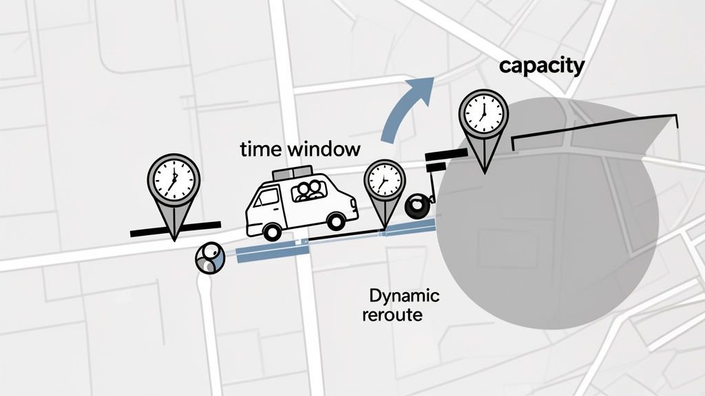 Diagram showing vehicle routing, time windows, capacity constraints, and dynamic rerouting on a city map.