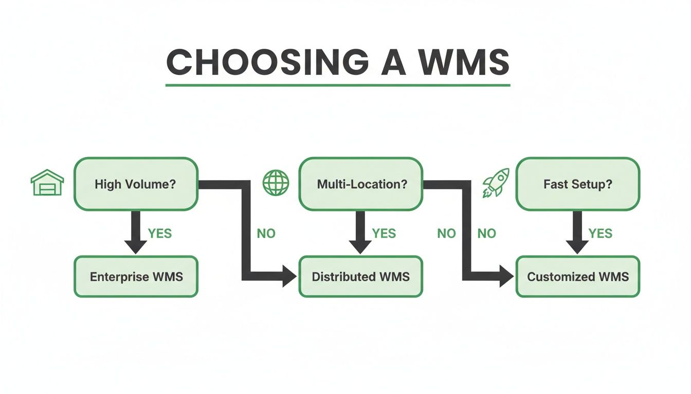 Decision flowchart for choosing a Warehouse Management System (WMS) based on specific business needs.