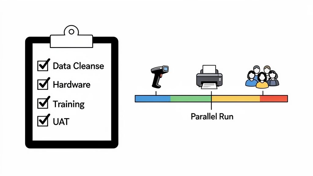 A checklist with data cleanse, hardware, training, UAT, and a parallel run timeline with a scanner, printer, and people.
