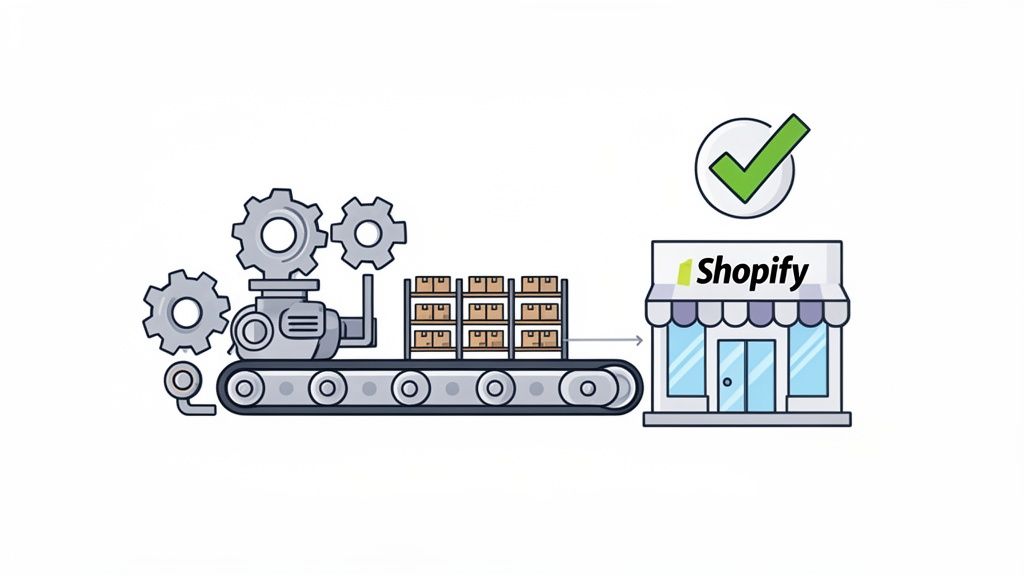 Animated illustration of a conveyor belt moving product boxes to a Shopify e-commerce store with a checkmark.