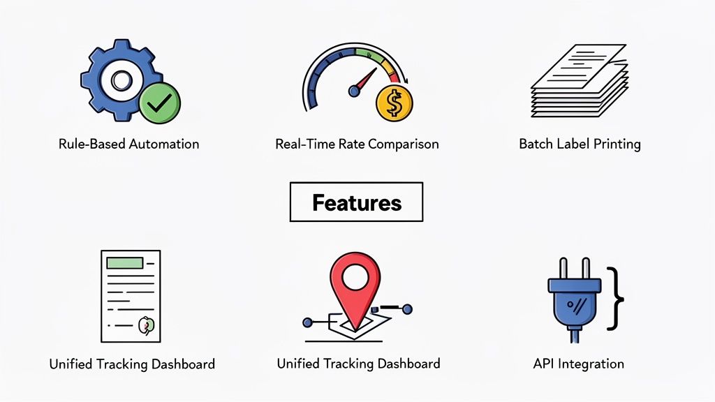 Six icons illustrating features like automation, real-time rate comparison, batch label printing, unified tracking dashboard, and API integration.