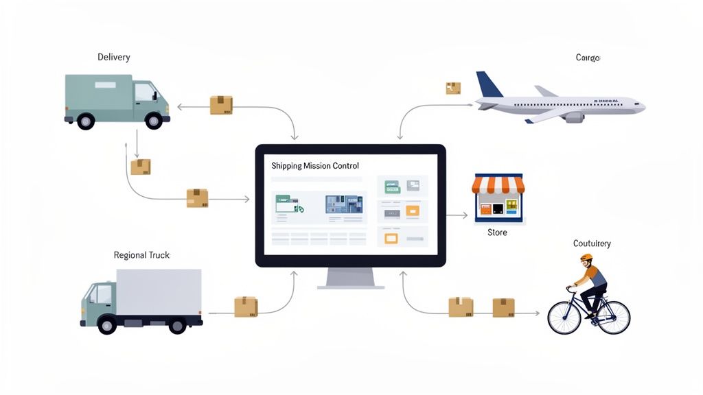 An illustration of a shipping mission control system connecting various delivery methods like trucks, planes, and bicycles.