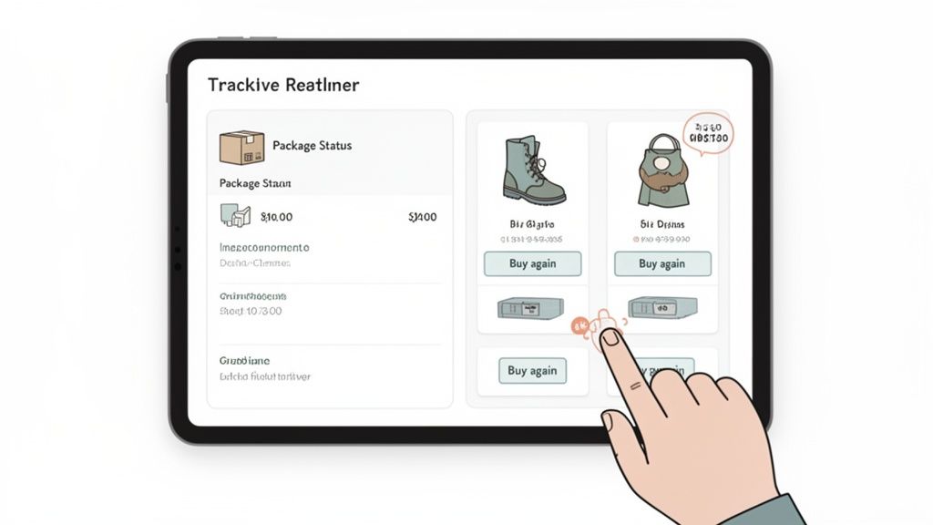 A hand tapping on a tablet screen displaying a package tracking and e-commerce application with product listings.