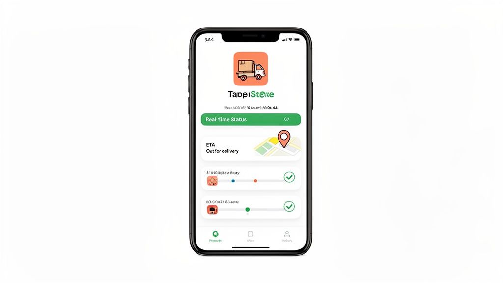 A smartphone screen displaying a TappiStore package tracking application with real-time delivery status and item progress.