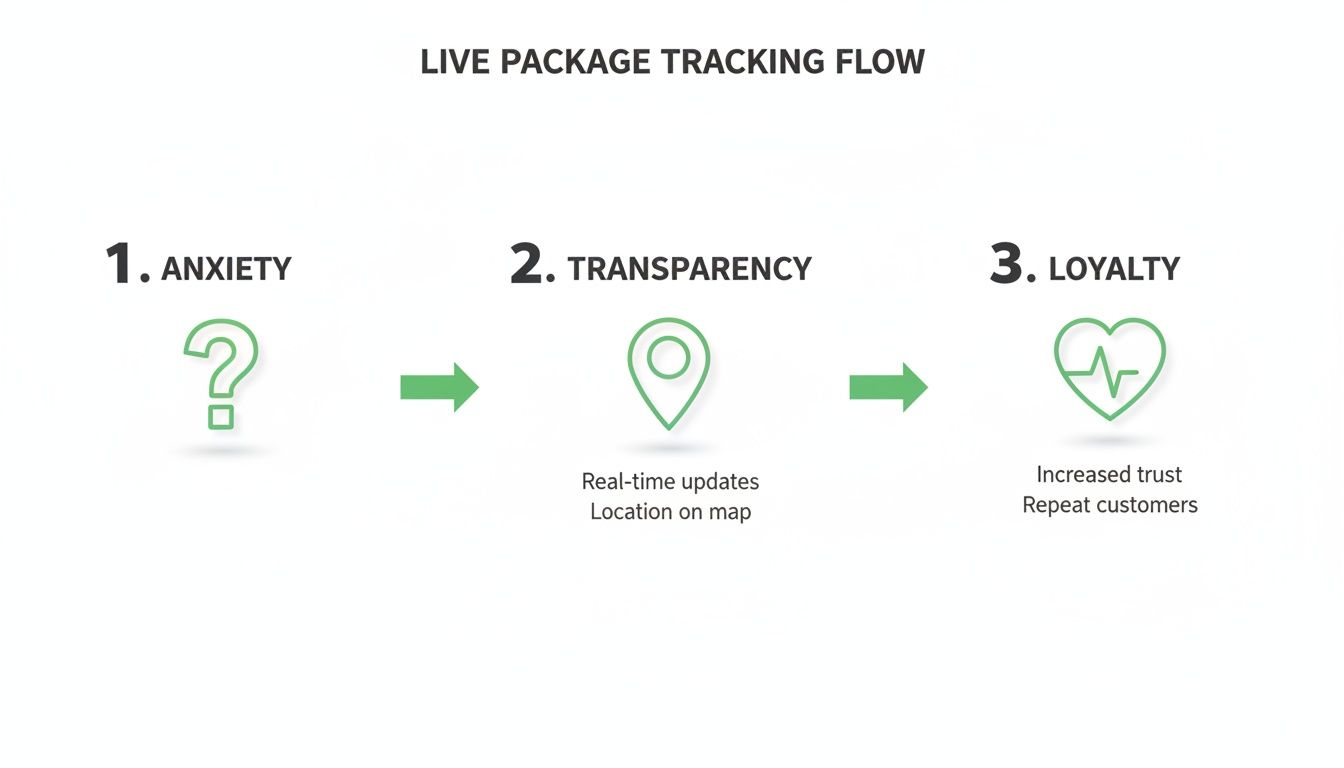 A diagram illustrating the live package tracking flow, transitioning from anxiety to loyalty through transparency.