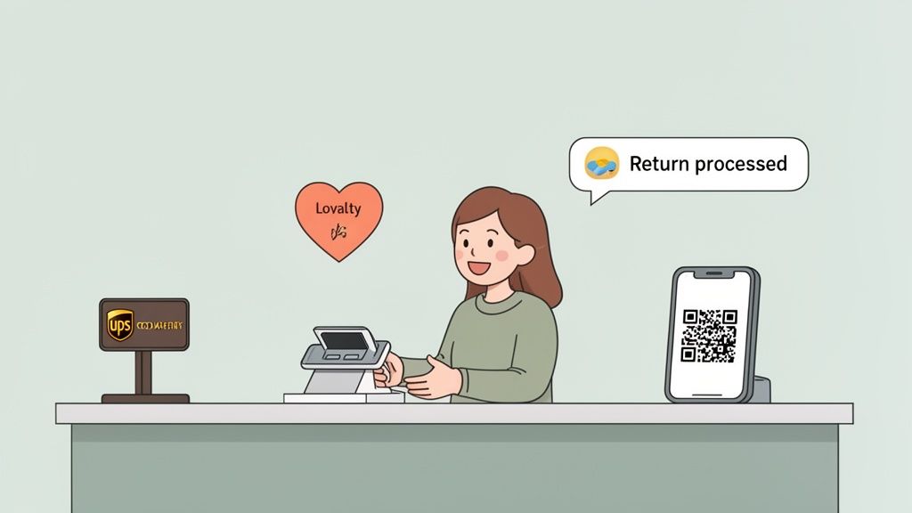 An illustration of a woman processing a return at a counter with a UPS sign and QR code display, showing 'Return processed'.