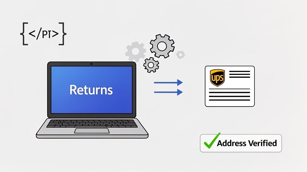 Diagram illustrating the process of creating a UPS return label with address verification on a laptop.
