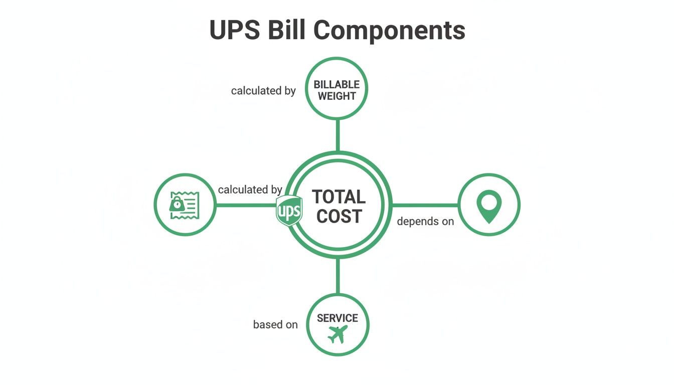A diagram showing UPS total cost components: billable weight, service, origin/destination, and other bill details.
