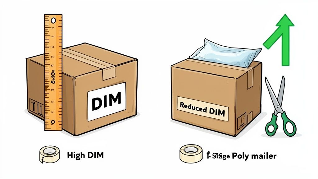 Illustration comparing a tall box labeled 'High DIM' with a shorter box labeled 'Reduced DIM', demonstrating package size optimization.