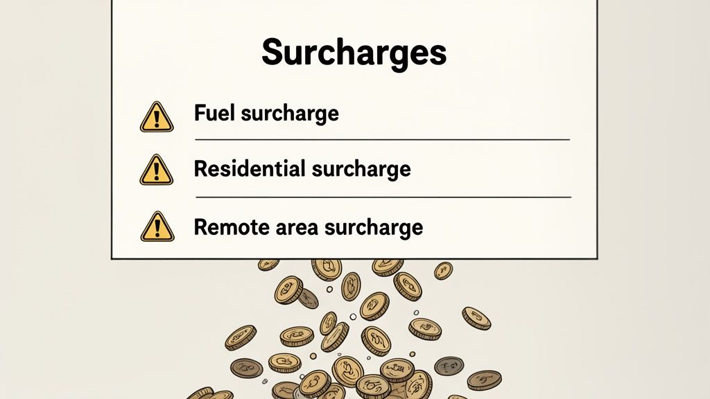 An illustration showing a list of 'Surcharges' with falling coins, including fuel, residential, and remote area surcharges.