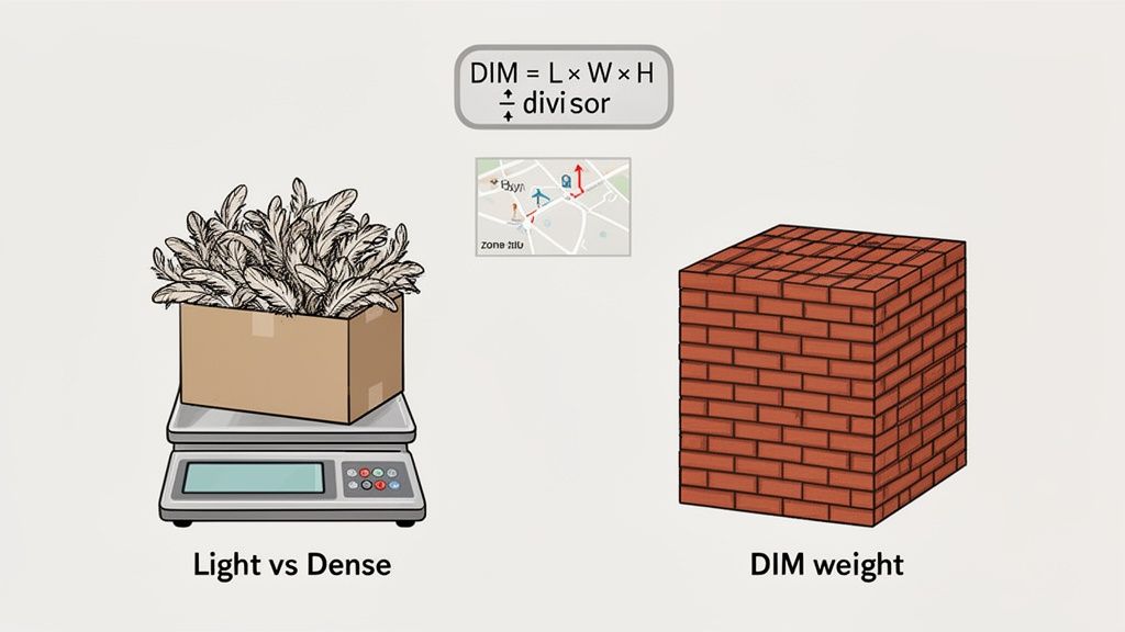 Illustration shows dimensional weight formula (LWH/divisor), comparing light feathers to a dense brick cube, and a shipping map.