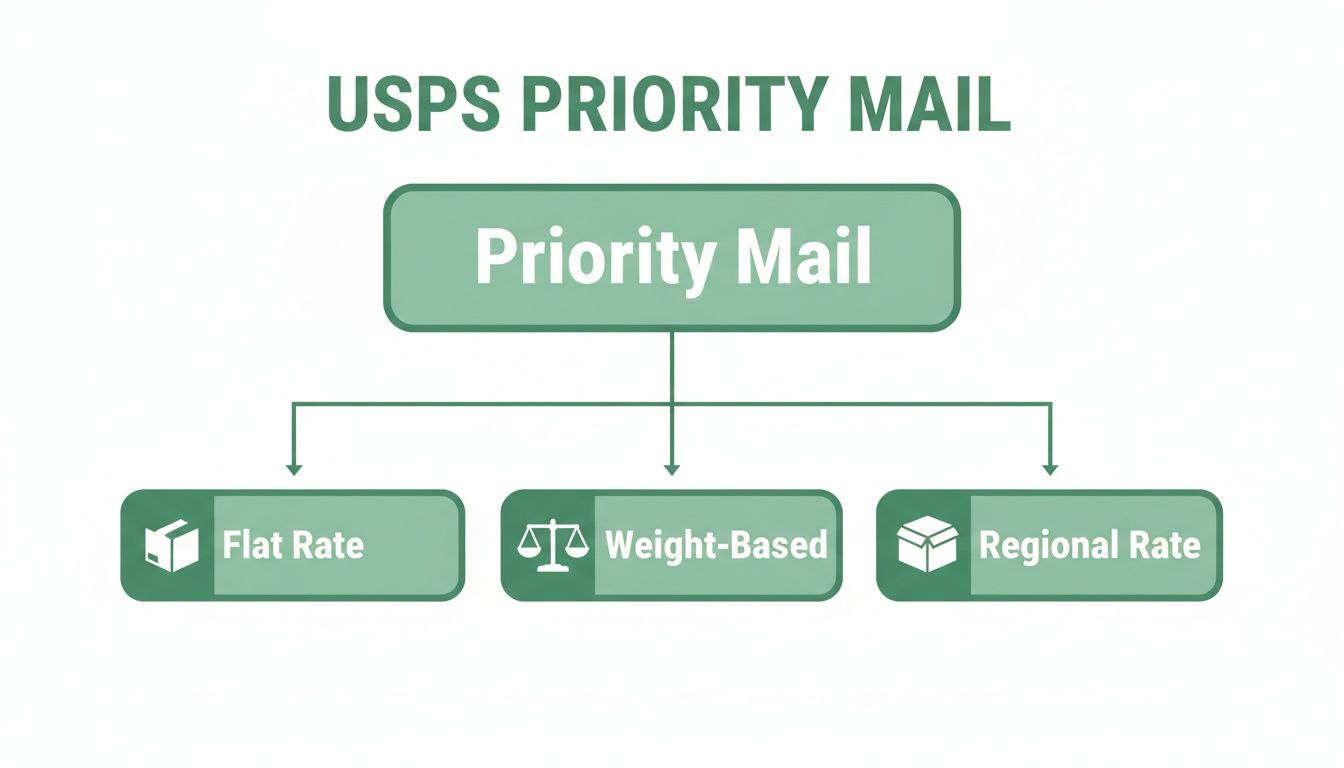 A flowchart showing USPS Priority Mail options: Flat Rate, Weight-Based, and Regional Rate services.