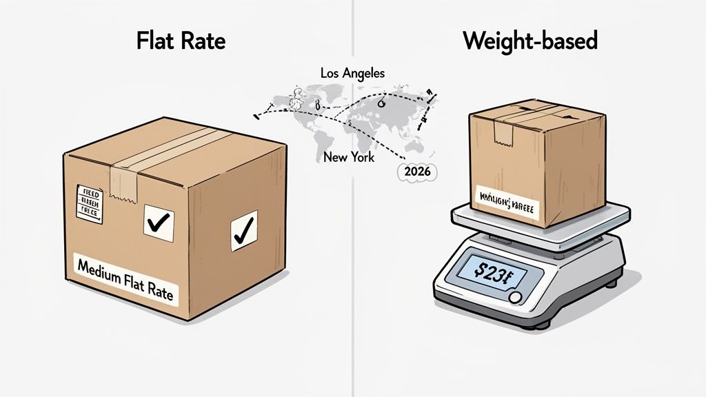 Comparison of flat rate and weight-based shipping for packages, featuring a box and a scale.