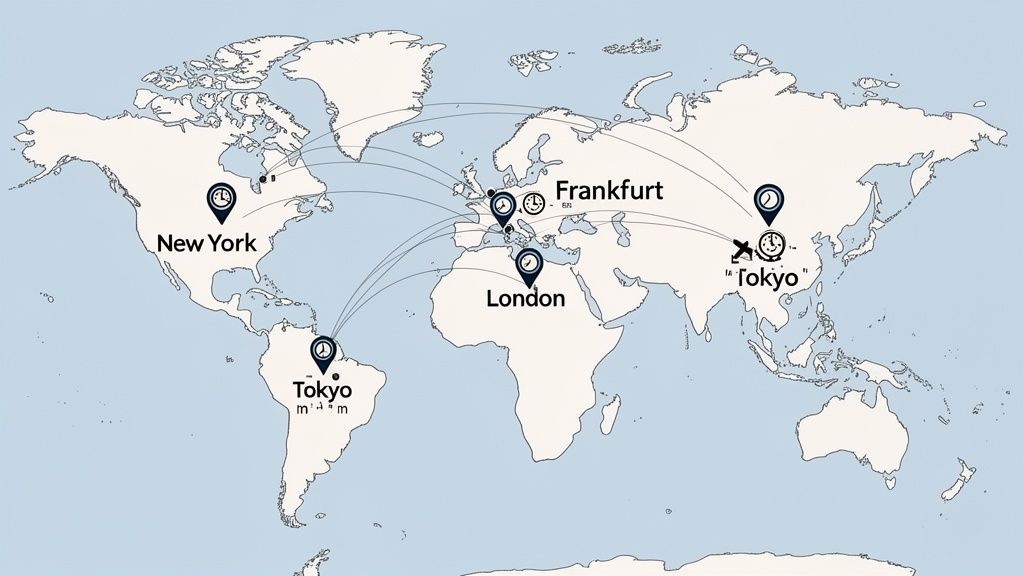 A world map showing New York, Frankfurt, London, and Tokyo with flight routes and time zone icons.