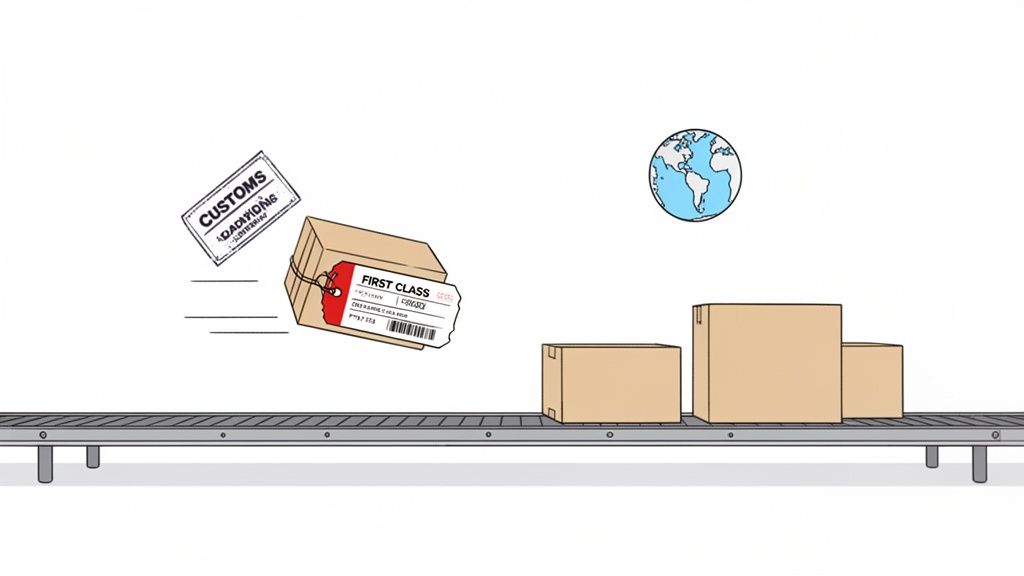 Illustration of packages on a conveyor belt with a customs stamp, first-class label, and a globe, depicting international shipping.