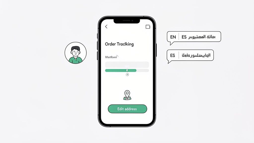 A mobile phone displays an order tracking app with a progress bar, map pin, and 'Edit address' button.