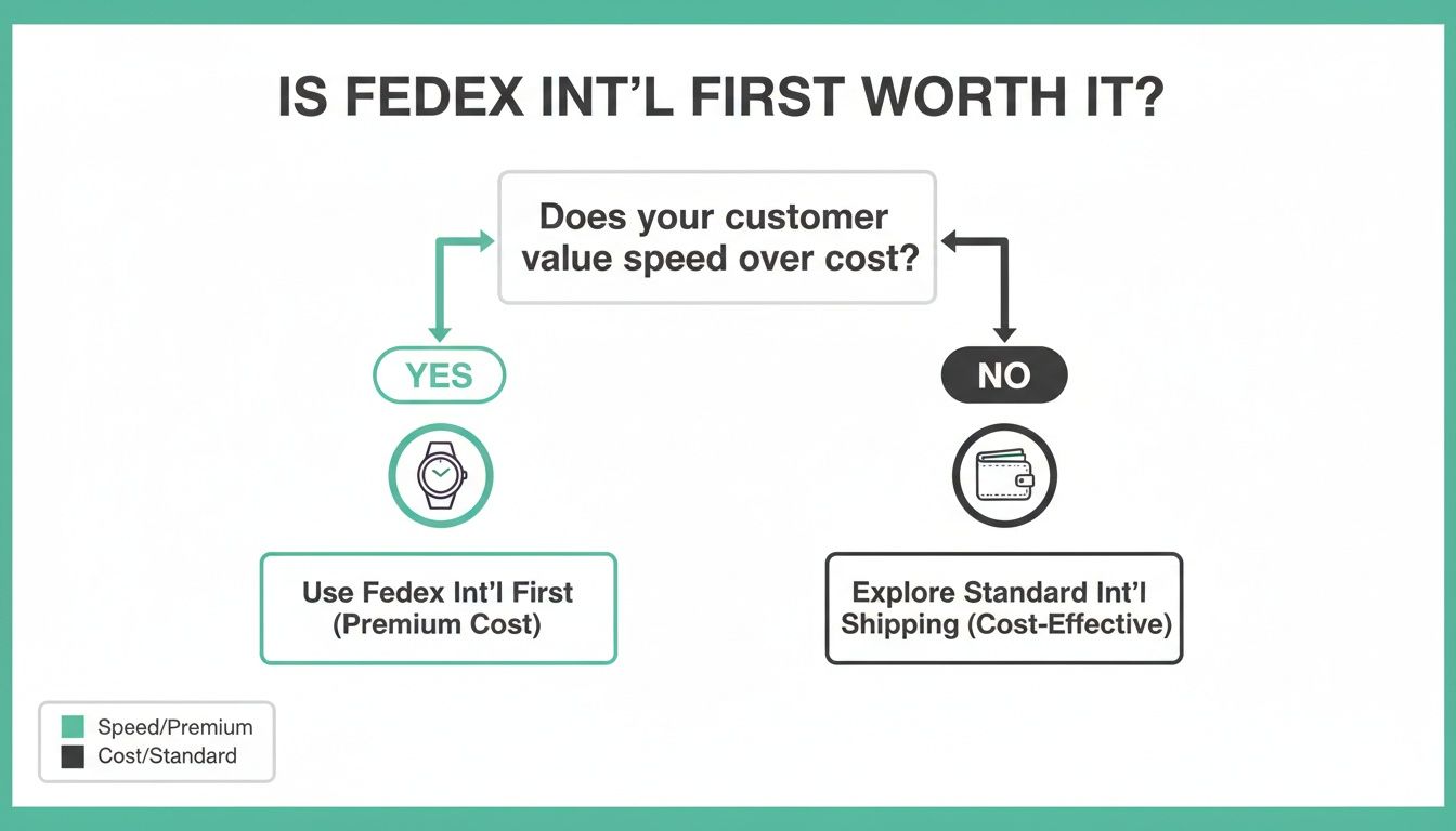 Flowchart deciding if FedEx International First is worth it, based on customer's speed vs. cost preference.
