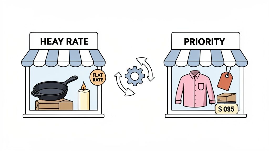 Illustration contrasting 'HEAY RATE' items with 'FLAT RATE' option like a pan and candle, versus 'PRIORITY' shipping for clothing.