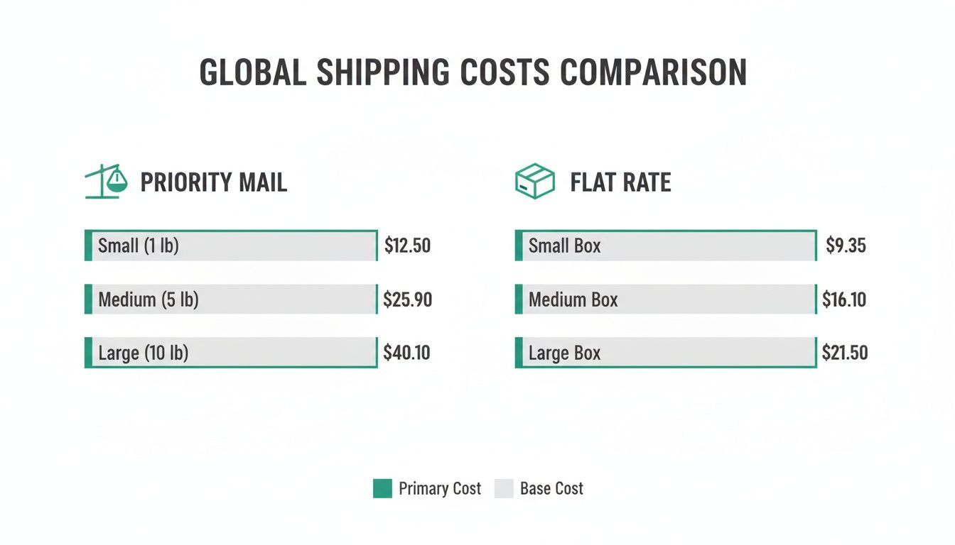 Comparison of global shipping costs for Priority Mail and Flat Rate services across various package sizes and weights.