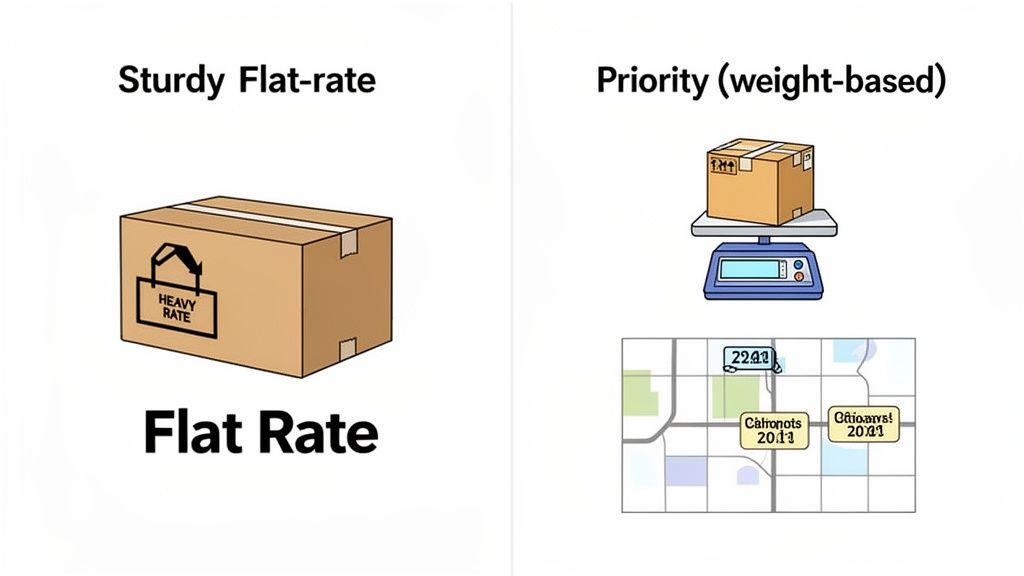 An illustration comparing flat-rate shipping with a heavy box and priority weight-based shipping with a scale and map.