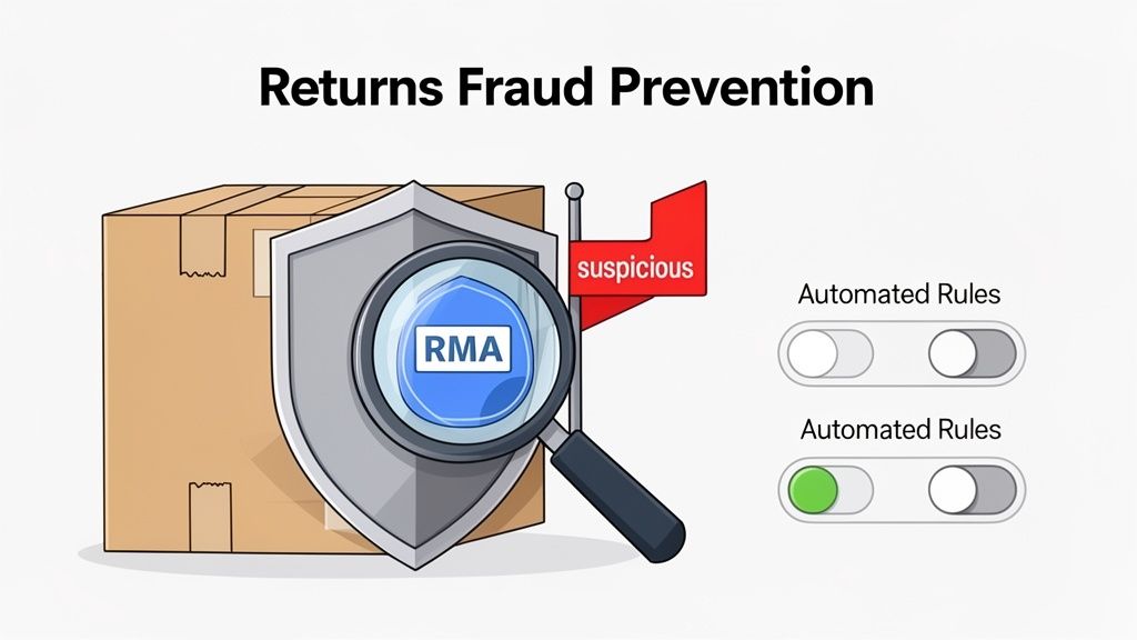 Illustration of returns fraud prevention, featuring a package, shield, magnifying glass on "RMA", a "suspicious" flag, and automated rules toggles.