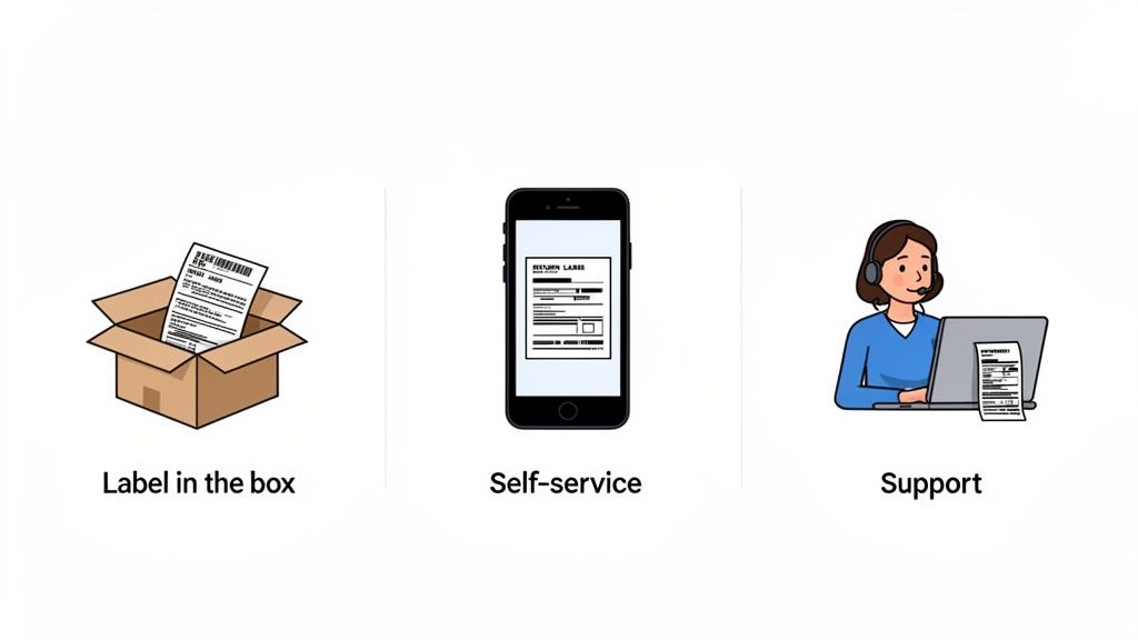 Three options for return labels: physical in box, digital self-service on phone, and customer support assistance.