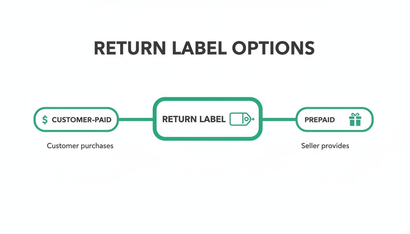 Flowchart showing return label options: customer-paid (customer purchases) and prepaid (seller provides).