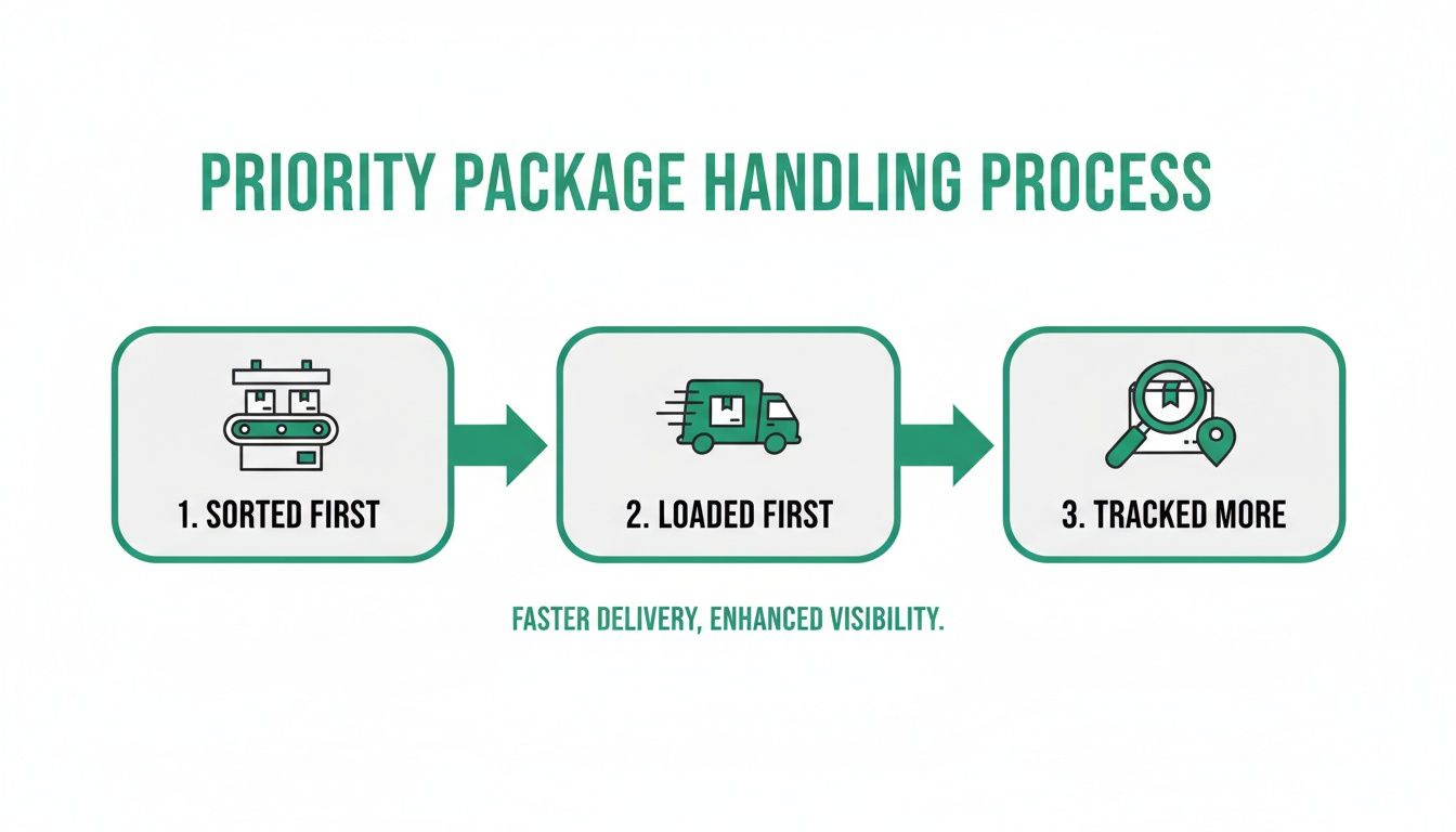 Diagram outlining the three steps of the priority package handling process: sorted, loaded, and tracked first.