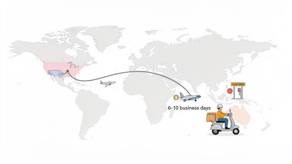 Detailed infographic of global express delivery, with air travel from USA to Australia in 6-10 business days.