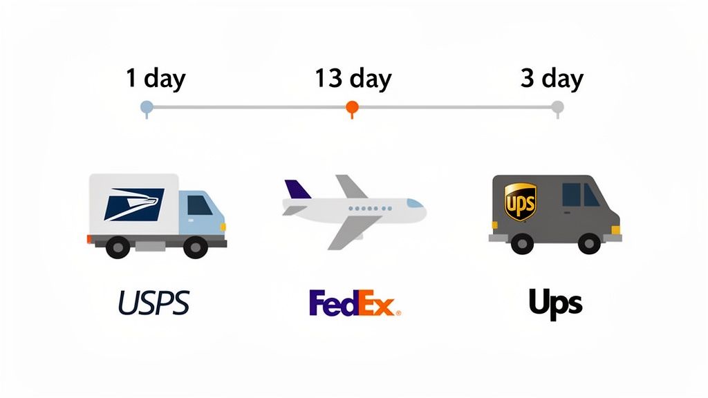Timeline compares shipping speeds for USPS (1 day), FedEx (13 days), and UPS (3 days) with corresponding vehicle types.