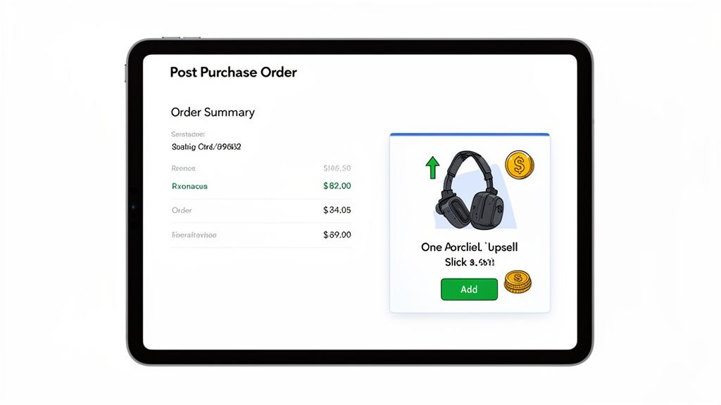 Tablet displaying a post-purchase order summary with an upsell offer for headphones.