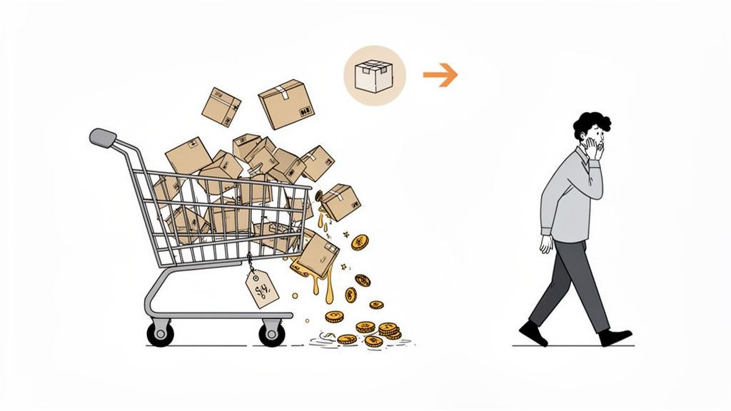 An overflowing shopping cart with many boxes and falling coins, and a worried person walking away, representing shipping and returns issues.