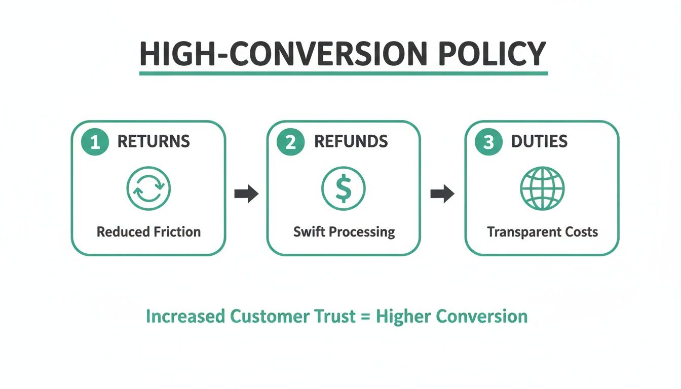 Infographic detailing a high-conversion policy with easy returns, swift refunds, and transparent duties for customer trust.