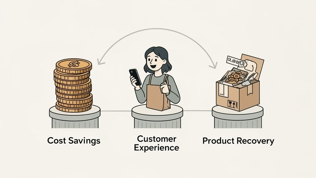 Visualizing cost savings, improved customer experience, and efficient product recovery with circular arrows.