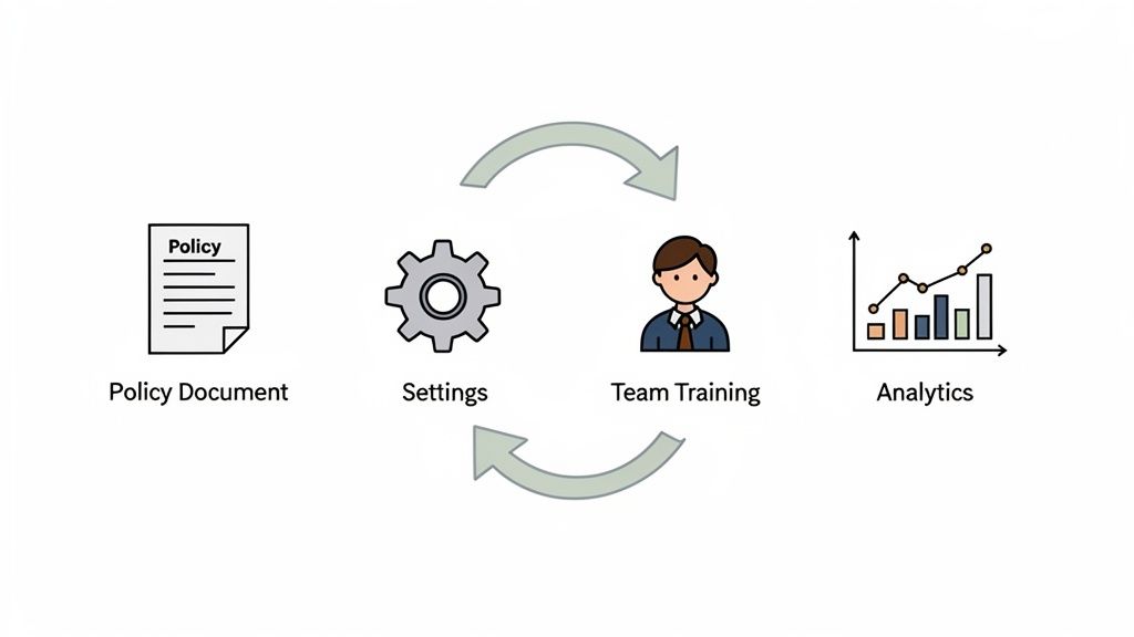 A cyclical diagram illustrating a policy management process with steps: Policy Document, Settings, Team Training, and Analytics.