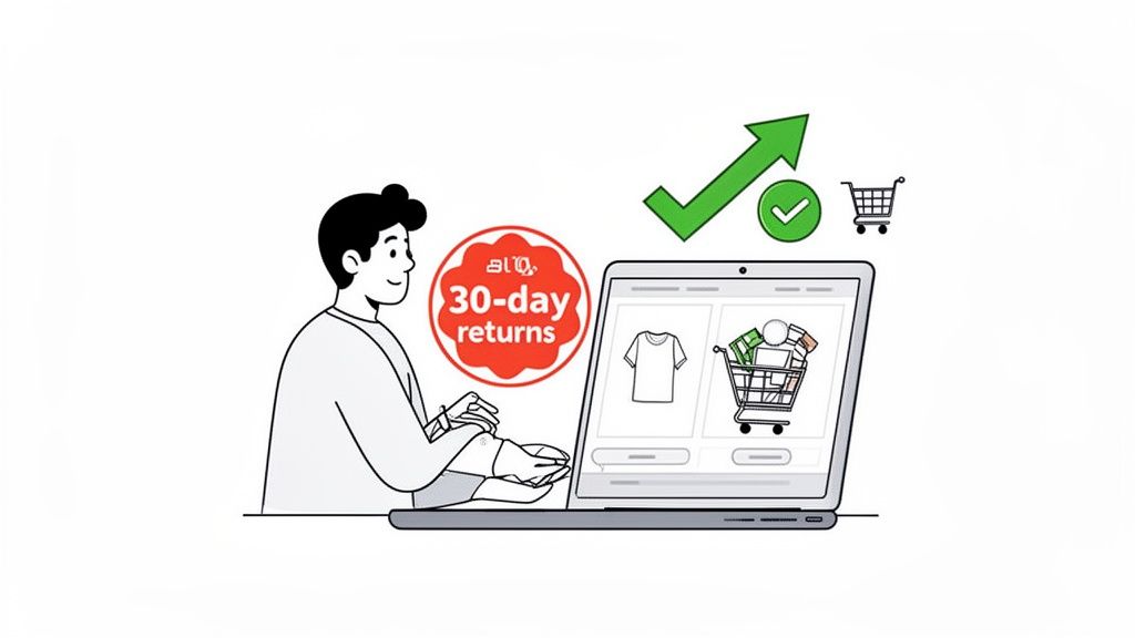 Illustration of a person shopping online on a laptop, highlighting a '30-day returns' policy and positive growth.