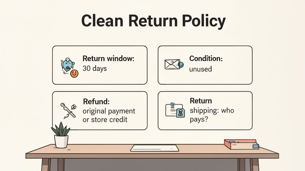 A clean return policy infographic displaying key details like return window, condition, refund, and shipping.