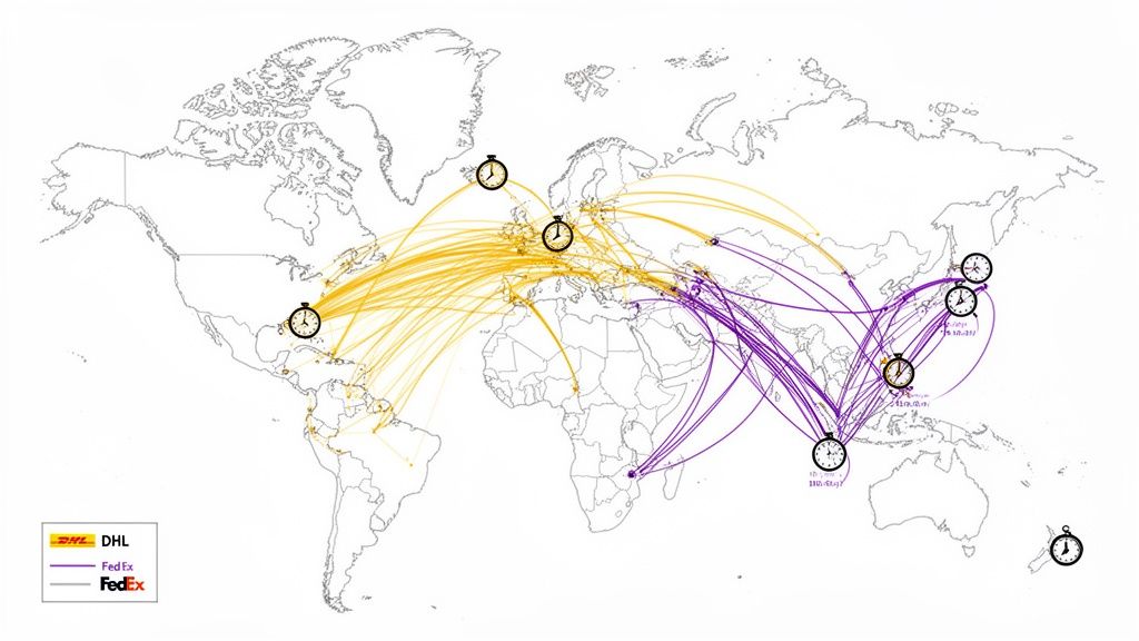 World map illustrating DHL (yellow) and FedEx (purple) global shipping routes and major hubs.