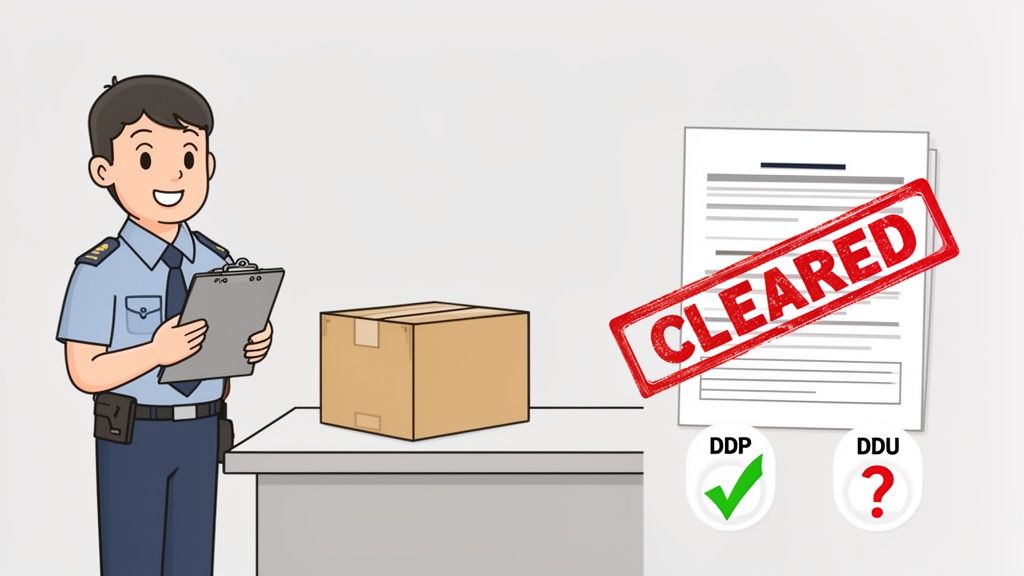 A customs officer reviews a cleared document for a package, showing DDP with a checkmark and DDU with a question mark.