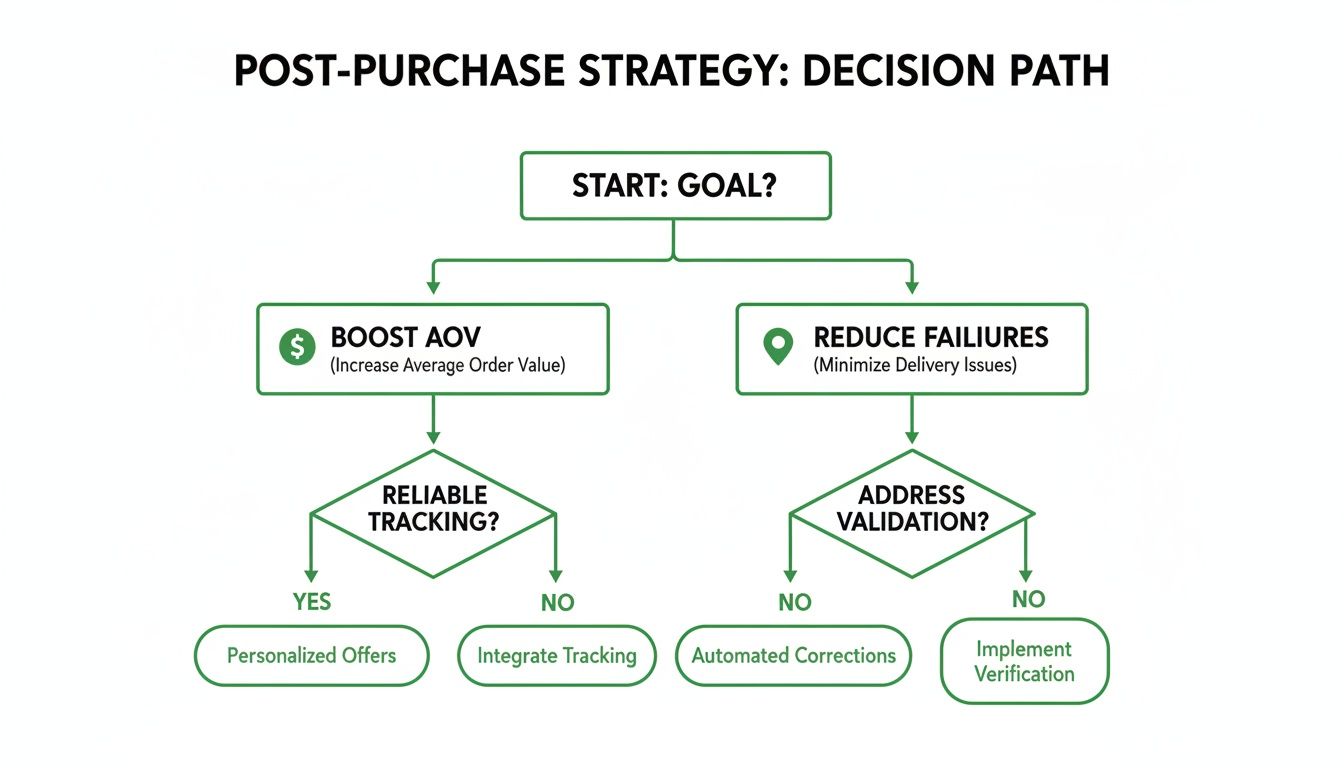 A flowchart detailing a post-purchase strategy decision path, focused on boosting average order value or reducing delivery failures.