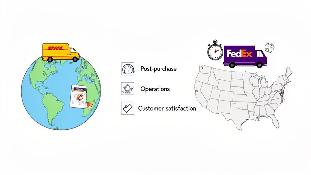 Graphic showing DHL global shipping, FedEx US delivery, and key service metrics like post-purchase and customer satisfaction.