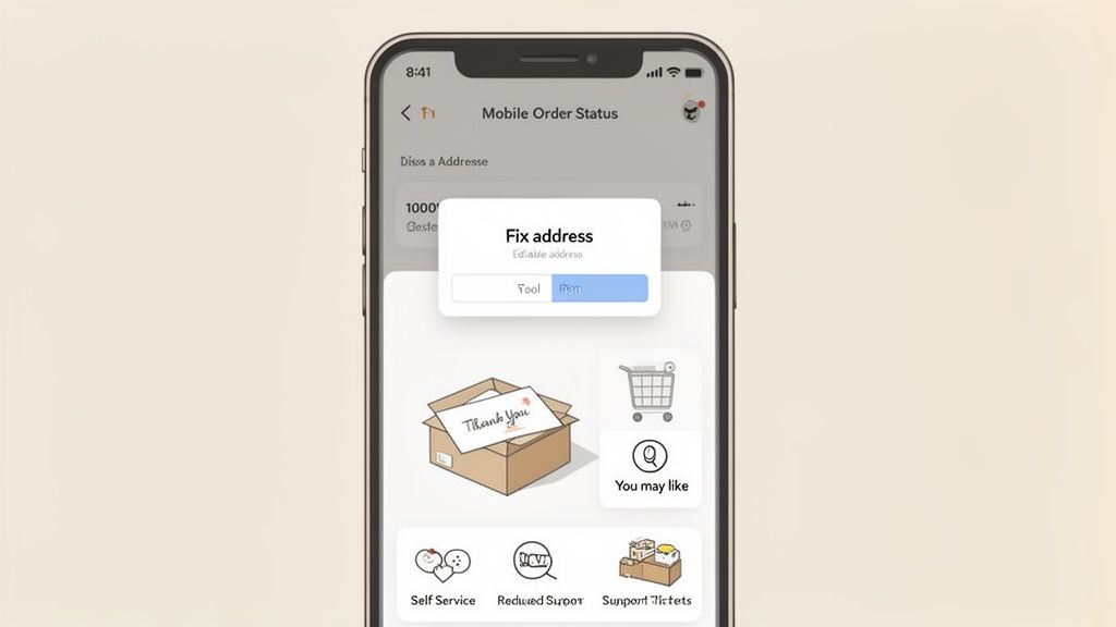 A mobile phone screen displays an order status app with a 'Fix address' pop-up.