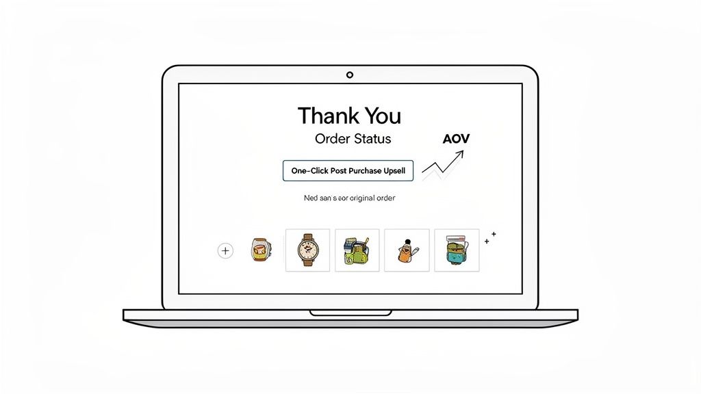 A laptop shows a 'Thank You' order status page with one-click post-purchase upsell options to boost AOV.
