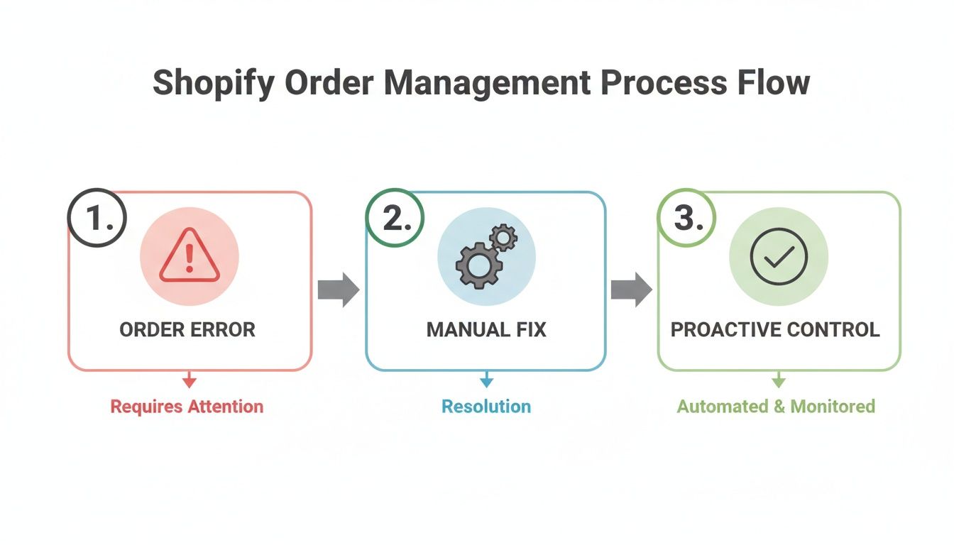 Flowchart illustrating Shopify order management process from error handling and manual fixes to proactive control.