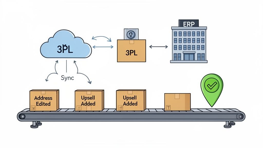 Diagram showing a cloud 3PL system syncing order updates and upsells with an ERP and physical packages on a conveyor.