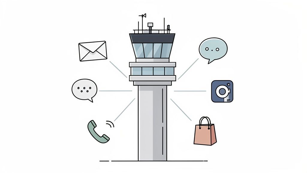 An airport control tower connecting to icons for email, chat, phone, social media, and shopping channels.