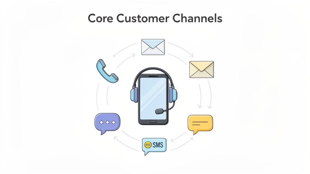 Illustration of core customer contact channels, including phone, email, chat, and SMS, around a support agent.